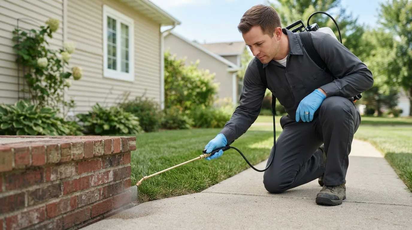 Pest control technician treating a home near Newtown, IN