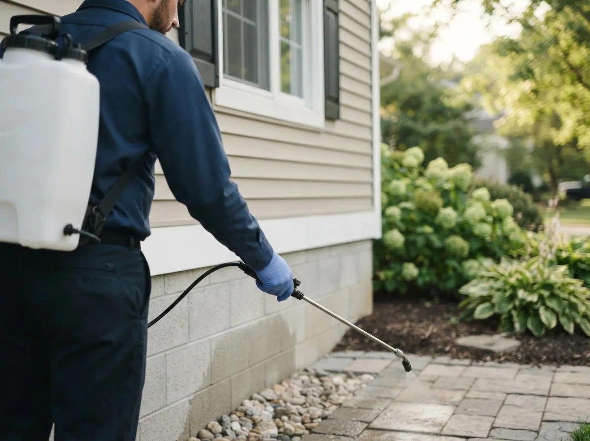 Pest control technician inspecting a home in Newtown, IN